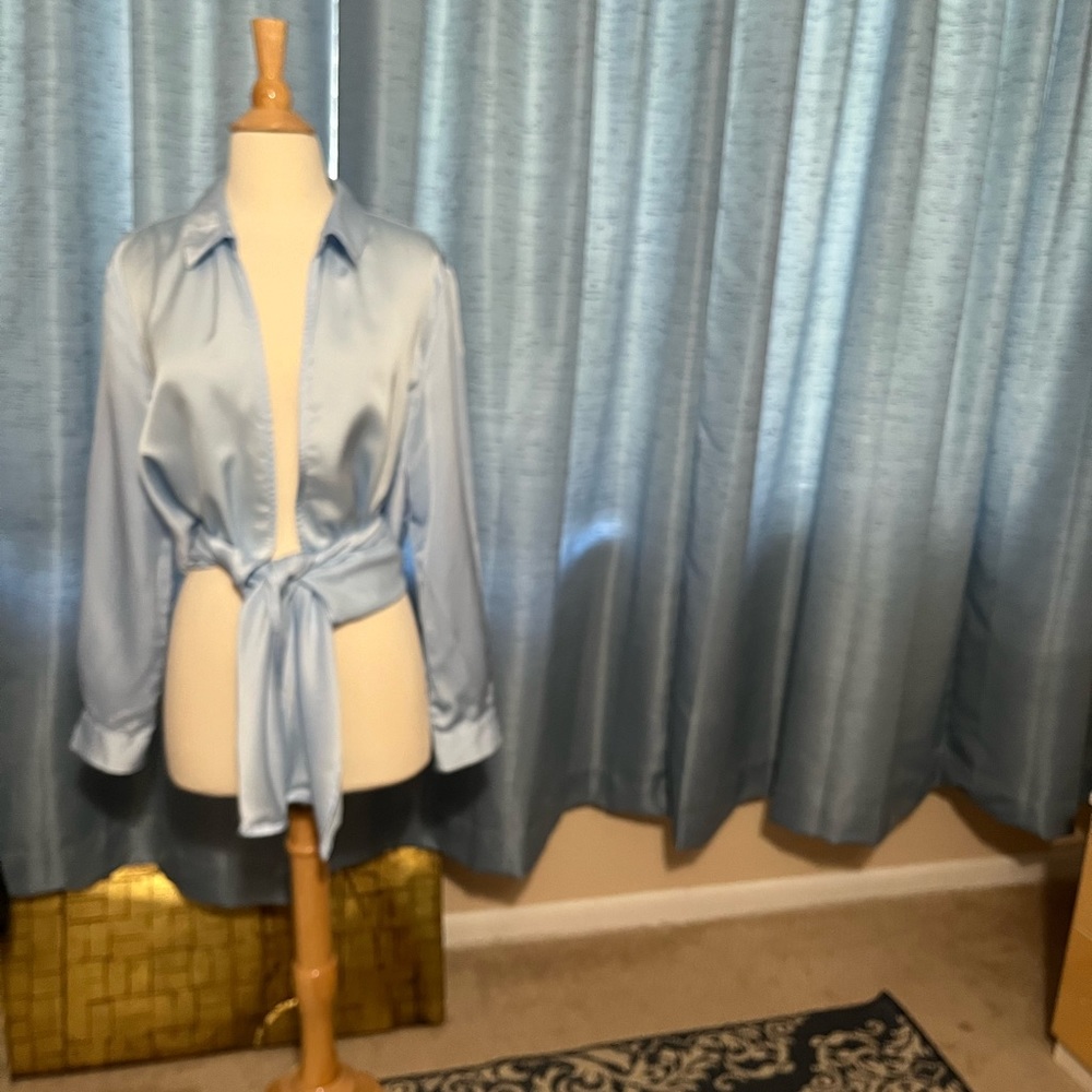 Sky Blu Satin thong wrap body suit to wear w everything!